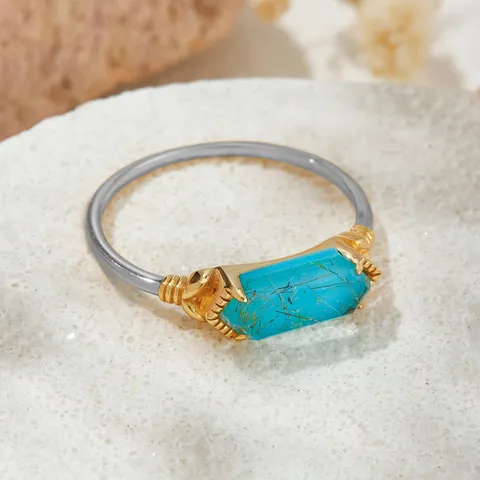 Japanese Retro 925 Sterling Silver Gold Plated Geometric Double Layer Ring Natural Rutilated Quartz Synthetic Turquoise Ring Women Ethereal Jewelry