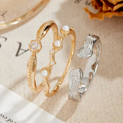 Japanischer Stil 925 Sterlingsilber Vergoldet Stapelbar Ring Set Natürlicher Mondstein Süßwasserperle Strass Offene Ringe Für Damen