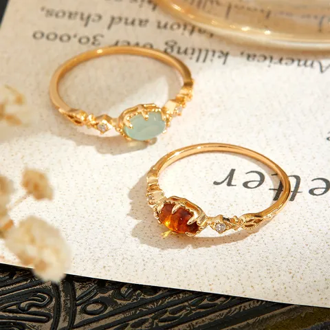 Vintage 925 Sterling Silver Ring For Women Natural Labradorite Chalcedony Gold Plated Hollow Retro Finger Ring Jewelry