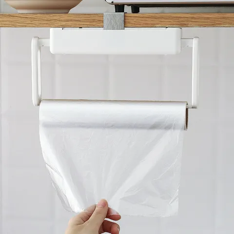 Japanese Retractable Paper Towel Holder Under Cabinet Rack White ABS Plastic Punch Free Kitchen Roll Paper Hanging Shelf