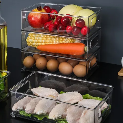 Refrigerator Organizer Bins Transparent Food Grade PET Storage Box With Handles For Kitchen Pantry Freezer Food Vegetable