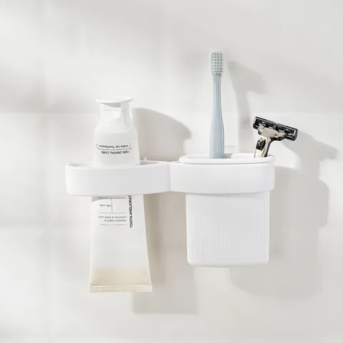 Wandmontierter Badezimmer Zahnbürstenhalter Stanzfreies Klebe-Lagerregal Japanischer Stil PP Kunststoff Zahnpasta Organizer Waschtischregal