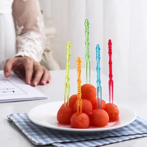 Japanese Style Creative Multicolor Plastic Fruit Forks Set Transparent Beaded Handle Double Prong Dessert Cake Picks For Home Party Hotel KTV Tableware