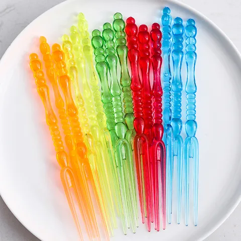 Japanese Style Creative Multicolor Plastic Fruit Forks Set Transparent Beaded Handle Double Prong Dessert Cake Picks For Home Party Hotel KTV Tableware