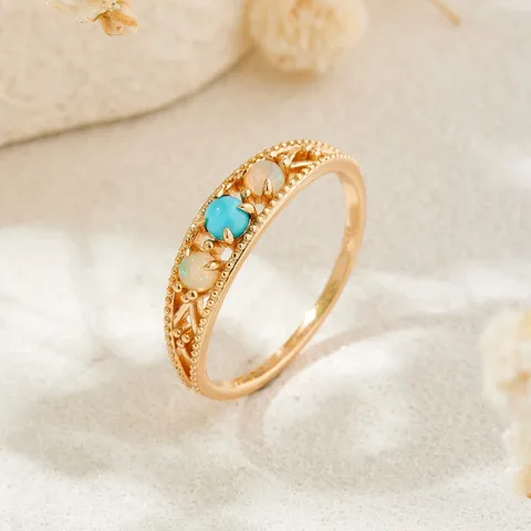 Vintage 925 Sterling Silver Gold Plated Hollow Ring For Women Natural Turquoise African Opal Gemstone Retro Ethnic Style Finger Ring Jewelry Gift