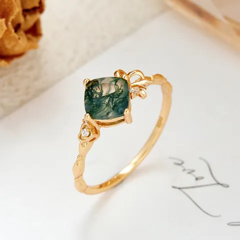 Elegant Silver Natural Moss Agate Ring Sweet Bowknot Ribbon Shape Ring Fashion Real Gold Plated Square Gemstone Ring For Women Jewelry Gift