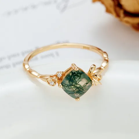 Elegant Silver Natural Moss Agate Ring Sweet Bowknot Ribbon Shape Ring Fashion Real Gold Plated Square Gemstone Ring For Women Jewelry Gift