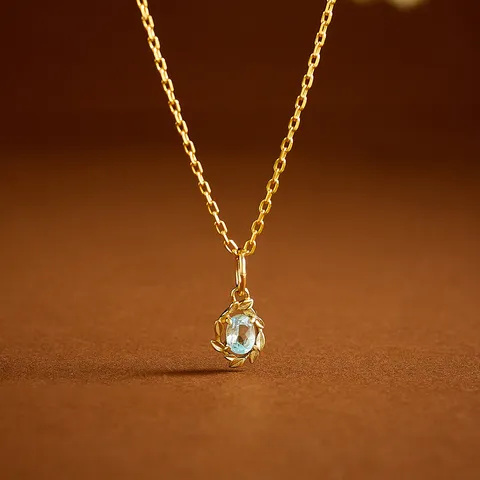 Ciondolo Acquamarina Naturale In Argento Sterling 925 Placcato Oro Design Ramoscello D'ulivo Gioiello Elegante E Versatile Regalo Donna Senza Catena