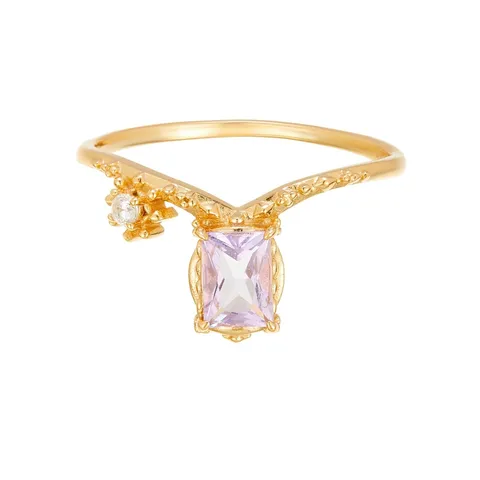 Anillo de Plata de Ley S925 Chapado en Oro con Amatista para Mujer Labradorita Natural Copo de Nieve en V Apilable Joyería Estilo Japonés