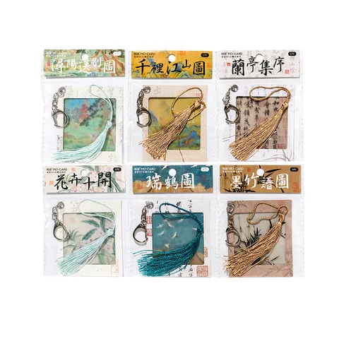 Traditional Chinese Style PET Slide Keychain Transparent Bookmark With Tassel Landscape Painting Bag Pendant Gift