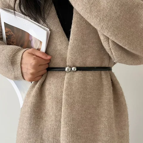 Cintura Sottile in Pelle alla Moda da Donna Con Fibbia a Doppia Sfera in Metallo Colore Argento Abito Elegante Maglione Cinturina Accessorio Casual