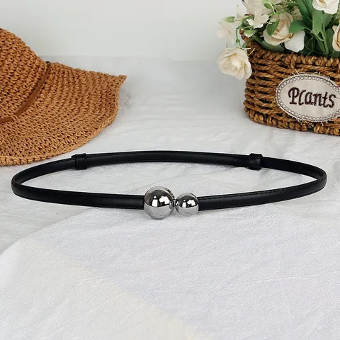Cintura Sottile in Pelle alla Moda da Donna Con Fibbia a Doppia Sfera in Metallo Colore Argento Abito Elegante Maglione Cinturina Accessorio Casual