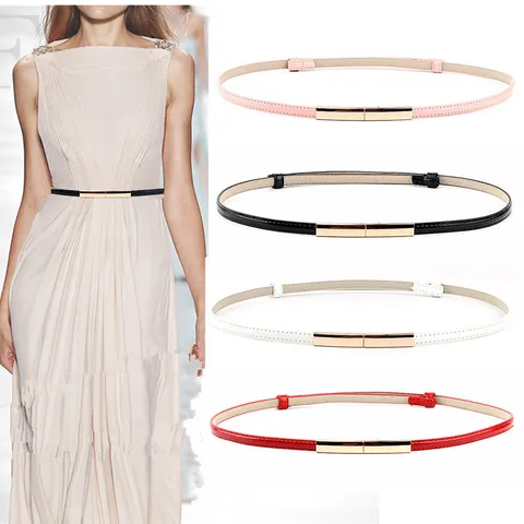 Minimalist Women Patent Leather Skinny Belt Gold Metal Buckle Fashion Dress Waist Belt Accessory