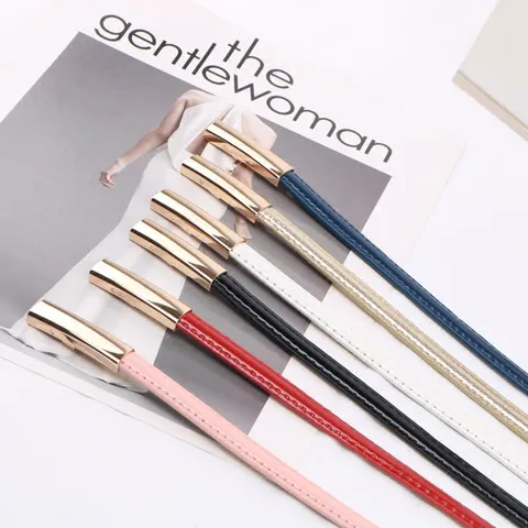 Minimalist Women Patent Leather Skinny Belt Gold Metal Buckle Fashion Dress Waist Belt Accessory