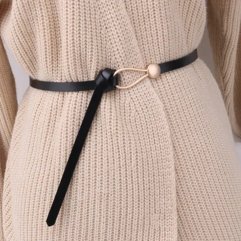 Cintura Sottile Minimalista in Vera Crosta di Pelle da Donna con Fibbia ad Anello a Goccia in Metallo per Abito Jeans