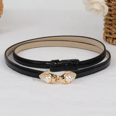 Cintura Sottile in Pelle Verniciata alla Moda da Donna Fibbia di Perla Tono Oro Cinturino Abito Maglione Accessori Decorativi