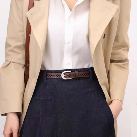 Cintura in Vera Pelle da Donna Traforata Senza Foro Stile Minimalista Cinturino Sottile Abito Jeans Cintura in Vita