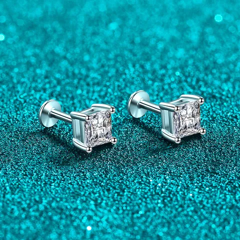 Luxury 925 Sterling Silver Square Moissanite Stud Earrings For Women 1.2ct Princess Cut Zirconia Internal Thread Screw Back Labret Earrings Jewelry Gift