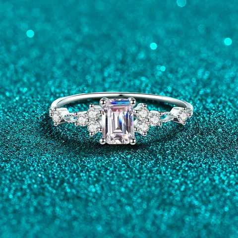 Anillo de Moissanita Corte Esmeralda de Plata de Ley S925 para Mujer Anillo Cuadrado de Circonia Verde Esmeralda Joyería Vintage