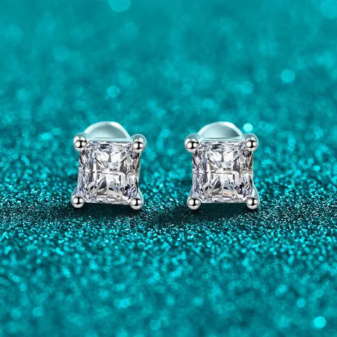 Luxury 925 Sterling Silver Square Moissanite Stud Earrings For Women 1.2ct Princess Cut Zirconia Internal Thread Screw Back Labret Earrings Jewelry Gift