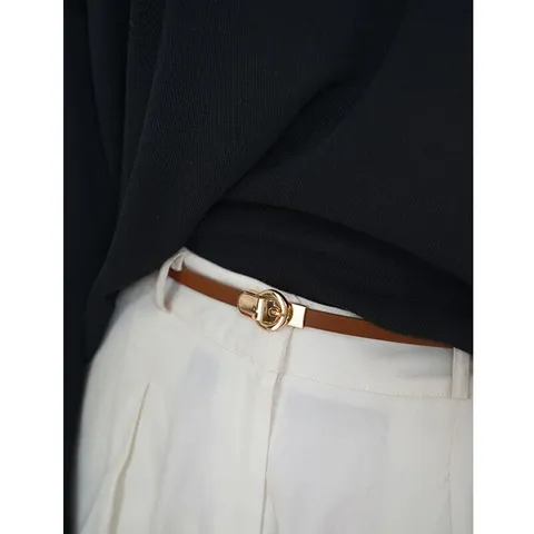 Cintura Sottile in Vera Pelle da Donna Moda Fibbia a Doppio Anello in Metallo Accessorio per Abito Casual