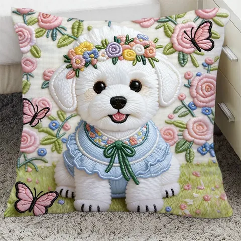 Cute Bichon Frise Printed Throw Pillow Soft Plush Cushion Cover With Or Without Core For Living Room Sofa Car Home Decor