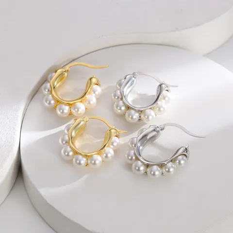 Orecchini a Cerchio Geometrici a Forma di U in Rame Vintage Con Perla Artificiale Lusso Stile di Palazzo Gioielli Donna