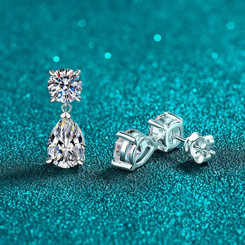 Pendientes Colgantes de Plata de Ley 925 con Moissanita Circonia en Forma de Pera Gota de Agua Pendientes de Botón Vintage Francés para Mujer Joyería Regalo