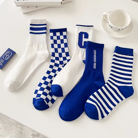 Women Trendy Sports Mid Tube Socks Checkerboard Striped Letter Print Casual Skateboard Cotton Socks