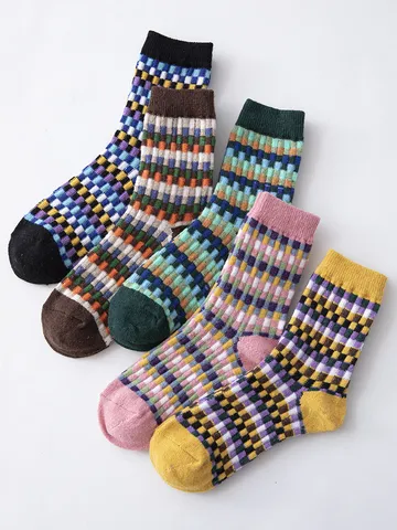 Calcetines de Tubo Medio de Algodón de Lana Cálidos y Espesados de Otoño Invierno para Mujer Cuadros Geométricos Coloridos Moda Casual