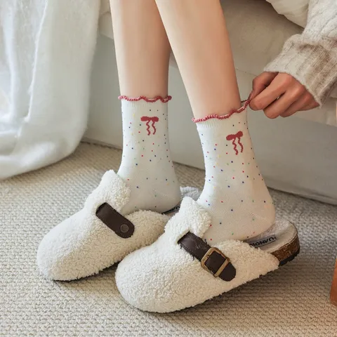 Donna Dolce Pizzo Volant Fiocco Pois Calze al Polpaccio Misto Cotone Casual Carino Quotidiano