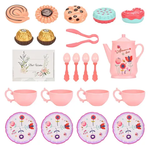 Kids Pretend Play Tea Set Afternoon Tea Simulation Dessert Cake Toy Gift Box With Teapot Cups Accessories For Girls