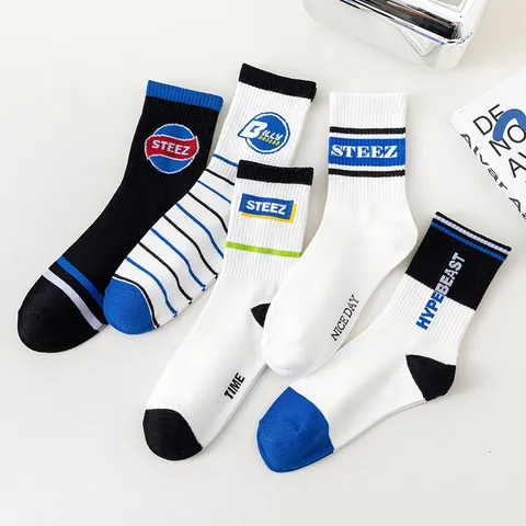 Men Crew Socks Trendy Hip Hop Cotton Sport Socks Casual Striped Letter Printed Fashion Streetwear Skate Socks