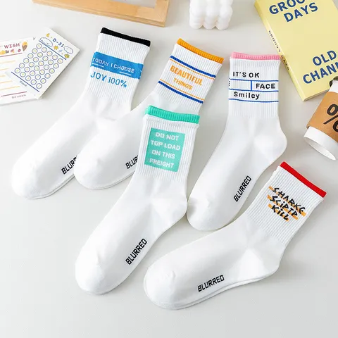 Women's Casual Cotton Mid-Tube Socks Spring Autumn Sports Letter Slogans Contrast Cuff Skateboard Socks