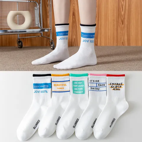 Women's Casual Cotton Mid-Tube Socks Spring Autumn Sports Letter Slogans Contrast Cuff Skateboard Socks