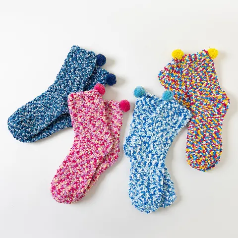 Calze da Pavimento in Pile Corallo Ispessito da Donna Carino Design con Ponpon Inverno Caldo Accogliente Soffice Calze da Sonno da Interno