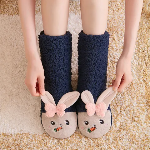 Winter Thickened Lamb Cashmere Warm Sleeping Socks Cute Rabbit Embroidery Non-Slip Floor Socks For Women And Kids