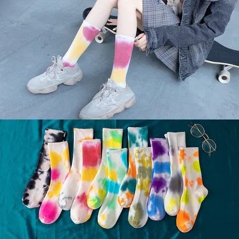 Chaussettes de Sport Tie-Dye Unisexe Coton Dégradé Coloré Streetwear Décontracté Mi-Hauteur Mode Tendance