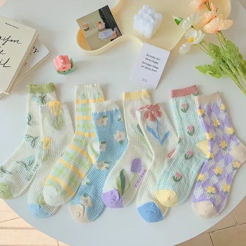 Damen Japanisch Süß Baumwolle Netz Slouch Socken Casual Blumen Atmungsaktiv Wadenhoch Socken Mode Alltag Strumpfwaren