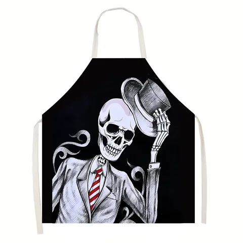 Halloween Horror Calavera Estampado Delantal Sin Mangas de Lino Gótico Espeluznante Esquequete Rosa Cocina Hornear Babero Fiesta Decoración