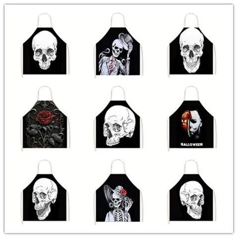 Halloween Horror Calavera Estampado Delantal Sin Mangas de Lino Gótico Espeluznante Esquequete Rosa Cocina Hornear Babero Fiesta Decoración