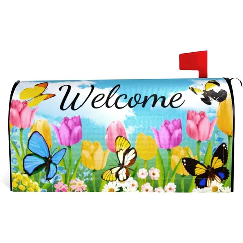 Housse de Boîte aux Lettres Florale de Printemps Magnétique Imperméable Décoration avec Design Tulipe Papillon Bienvenue pour Jardin