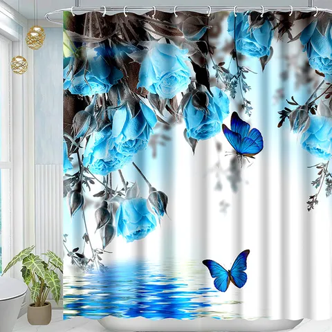 Waterproof Polyester Fabric Shower Curtain Watercolor Floral Butterfly Skull Rose Pattern Bathroom Curtain