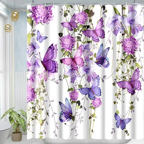 Waterproof Polyester Fabric Shower Curtain Watercolor Floral Butterfly Skull Rose Pattern Bathroom Curtain