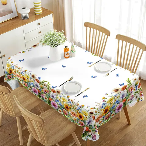 Mantel Rectangular Impermeable Con Borde Ondulado Patrón Floral De Acuarela Cubierta De Mesa De Poliéster Para Decoración De Mesa De Comedor De Cocina En El Hogar
