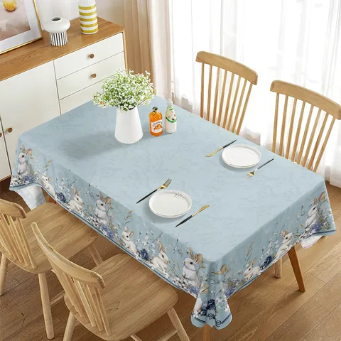 Mantel de Pascua Impermeable Lindo Conejo Floral Rectangular Cubierta de Mesa para Decoración de Fiesta de Comedor