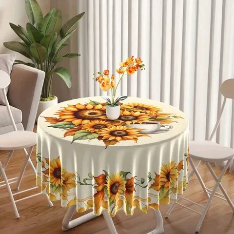 Waterproof Round Tablecloth Botanical Floral Table Cover Polyester Wipeable Protector For Kitchen Dining