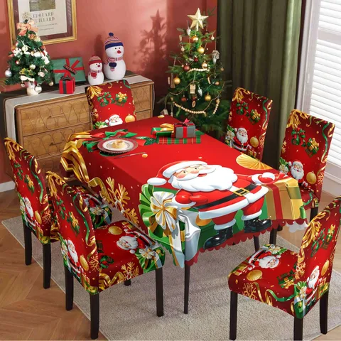 Navidad Mantel Impermeable y Funda de Silla Conjunto Festivo Papá Noel Rectangular Mantel Hogar Comedor Fiesta Decoración