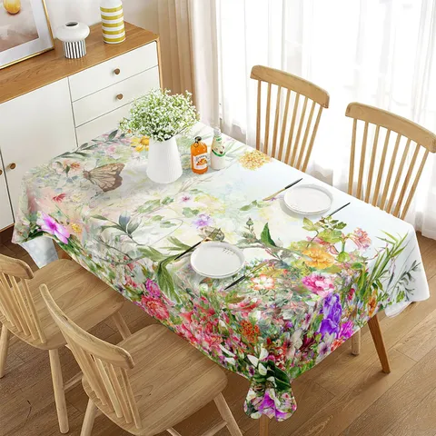 Mantel Impermeable Estampado Floral Mariposa de Primavera Tela de Poliéster Cubierta de Mesa Rectangular para Comedor