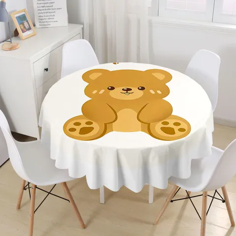 Waterproof Round Tablecloth Cute Cartoon Bear Pattern Table Cover With Wave Lace Or Flat Edge For Home Kitchen Dining Room Decor